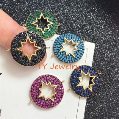 China Brass+Zircon+Shell Micro New Design Colorful CZ Pave Turquoise Star Black Round Hollow Connector For Jewelry Making for sale