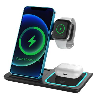 China 3-in-1 Mobile Phone Smart Portable Wireless Charger Mobile Phone Charger Multifunctional Foldable Magnetic Stand with Led Light for sale