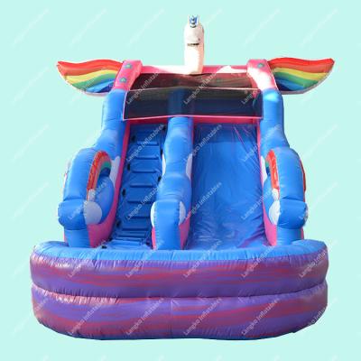 China Amusement park/party place/family/mall/commercial inflatable water slide unicorn rainbow castle pools social center swimming outdoor inflatables for sale