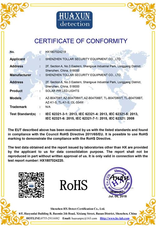 RoHS - Shenzhen Tollar Security Equipment Co., Ltd.