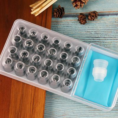 China Viable Hot Sales 24pcs Stainless Steel Cake Tool Decorating Set With Plastic Box Cream Bag Piping Spout for sale