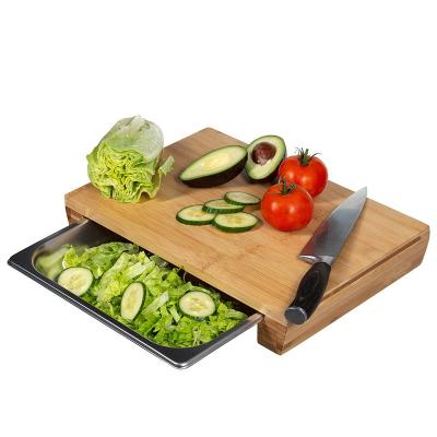 China Sustainable hot sale new design high quality bamboo cutting board with stainless steel tray for sale