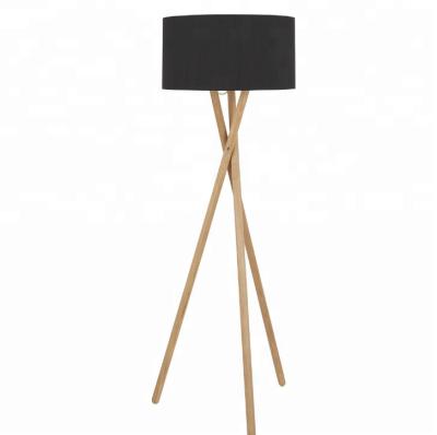 China Black Modern Wooden Luxury Design Tripod Stand Lamp Shade Living Room Floor Lamp 45cm Fabric Light Fixture Portable Floor Lamp With E27 for sale