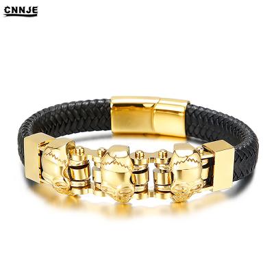 China New Arrival Punk Leather Skull Stainless Steel Charm Bracelet Main Bangle Bracelet for sale