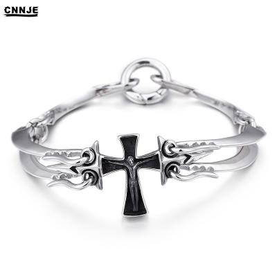 China Stainless Steel New Arrivals Jesus Crucified Cross Bangle Christian Catholic Stainless Steel Bangle Men Religious Jewelry for sale