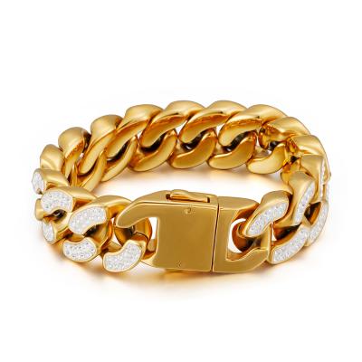 China Luxury High Polish Stainless Steel Cuban Link Chain Iced Out Bracelet 18K Gold Plated for sale