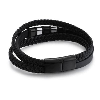 China Fashionable Stylish Jewelry Stainless Steel Black Clasp Braided Bracelet Men Women Leather Bracelet for sale