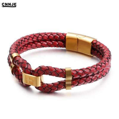 China 2019 New Design Stainless Steel Red Braided Rope Leather Buckle Bracelet Men's Leather Jewelry for sale