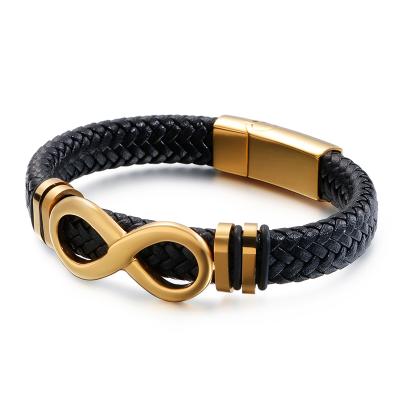 China Cool Weava Vintage Gold Bangle Magnetic Leather Buckle Bracelet Custom Mens Jewelry for sale