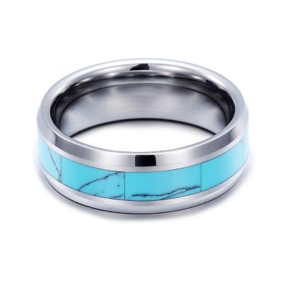 China Unisex Fashion Wholesale Imitate Opal Inlay Tungsten Carbide Ring Polished Beveled Edge Comfort Fit Ring for sale