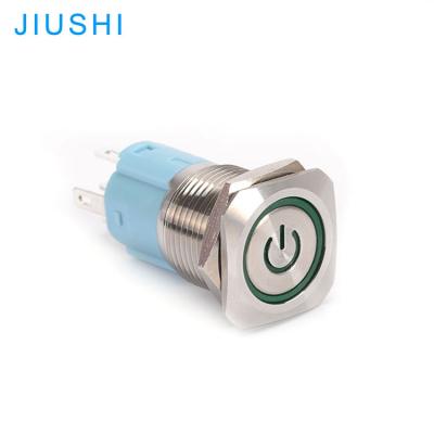 China Stainless Copper Plating/A16-11DDF 16mm Hole Diameter Metal Head Flat Button LED Momentary Push Button Switch With Power Symbol CHINA Light for sale