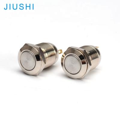 China Stainless steel plating A12-10 metal push button switch momentary mounting hole stainless/brass body flatest button 12mm 1NO 2pins 3A 5A 220V CHINA for sale