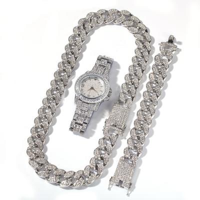 China Non-Specific Gold Sliver Hip Hop Color Iced Out Crystal Cuban Miami Chain Mens Necklace Bracelet Watch Set for sale