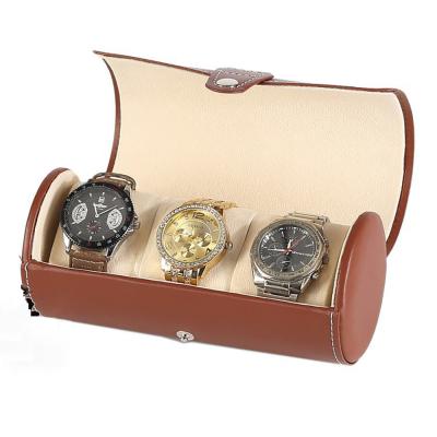 China Fashionable Cylinder Brown Leather Travel PU Watch Box Jewelry Box Clock 3 Watch Display Portable Storage Box for sale