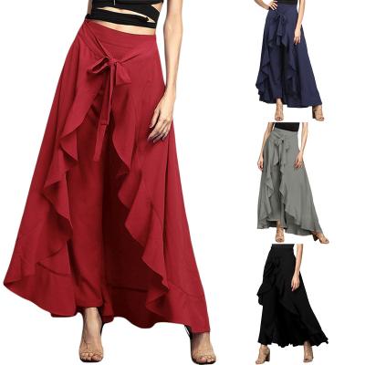 China Plus Size 2021 Summer Women's Fashion Plain Ruffle Chiffon Tie-Waist Wide Leg Long Palazzo Culotte Panty Skirt for sale