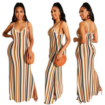 China Cotton Anti-Static Multicolor Striped Casual Dress Lace Up Maxi Woman Dresses Vestidos Mujer for sale