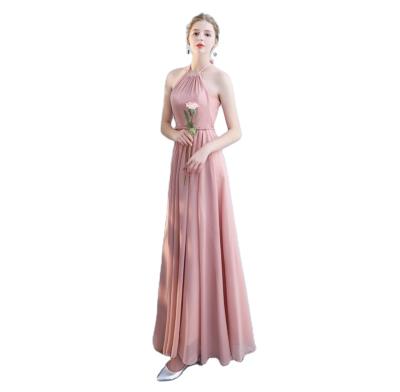 China 2021 Summer Halter Anti-Static Collar Off The Shoulder Pink Chiffon Bridesmaid Maids Backless Pink Dresses Women Party Gown For Wedding for sale