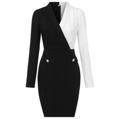 China 2021 Newest Fashion Black V Neck Spring Collar Anti-static White Split Pencil Career Dress Women Pencil Office Lady Dress for sale