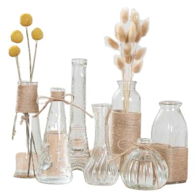 China Traditional Hot Sale Wholesale Flower Glass Vase With Hemp Rope Decorative Flower Glass Vase For Hydroponic Dry Flower Vase for sale