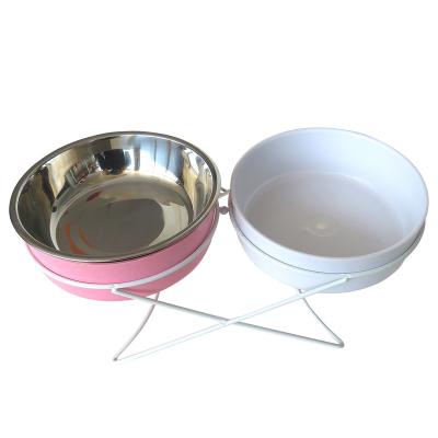 China Good Quality 400ml Stainless Steel Double Viable Dog Bowls With Metal Stand Elevated Slant Pet Bowl for sale