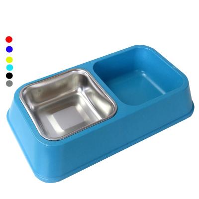 China Sustainable Biodegradable Bamboo Fiber Pet Bowl Dog Bowl Travel Stainless Steel Double Square Dog Food Water Bowls for sale