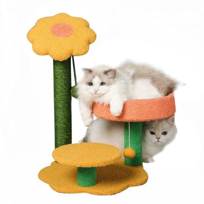 China Wholesale Viable Colorful Wooden Sisal Flower Cat Tree Pet Furniture Durable Sprinkle Cat Tower Orange for sale