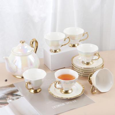 China Viable Afternoon Tea Gold Trim Porcelain Tea Sets with Ceramic Teapot and Teacup Set Holder for sale