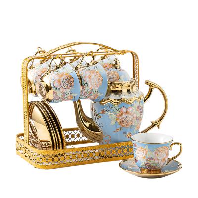 China 2020 Sustainable Hot Sale Coffee Mug Gold Tea Cups Set With Saucer And Cup Holder Vintage Ceramic Tea Set for sale