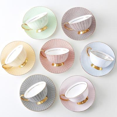 China New Viable Nordic Striped Tea Set Coffee Bone China Coffee Mug Set With Saucer for sale