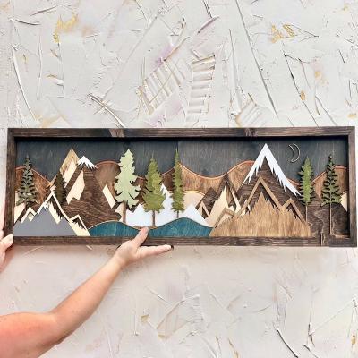 China Traditional Stock Wooden Mountain Print Office Decoration With A Handcraft Wall Art Decor Decoracion Hogar for sale