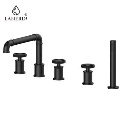 China Without Slide Bar Roman Deck Mount Matte Black CE Bathroom Side Mounted 5 Pcs Five-Piece Five Hole Bath Tub Tub Faucet Brass Mixer With Sprayer for sale