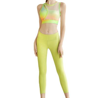 China HOSTARON High Waisted Breathable Yellow Hip Tights Sports Bra Lifting Nylon 2 Piece Yoga Activewear Set for sale