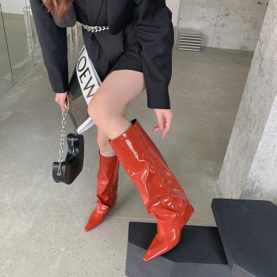 China Durable Fashion Cool Spice Girl Rejects Leather Knight Boots Tilt High Heels Pants Legs Orange Tube Women's Shoes for sale