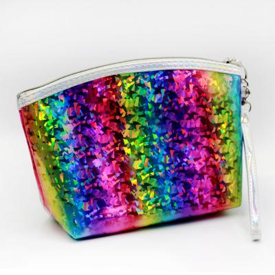 China Hot Sale Fashion Colorful Glitter Cosmetic Bag Reflective Rainbow Makeup Bag With Zipper for sale