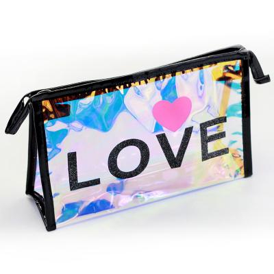 China Fashion Clear Holographic Makeup Bag Transparent PVC Ladies Cosmetic Handbag Silk Print Customized Glitter Logo for sale