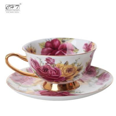 China Full Wrap Viable Unique Shape Fancy Food Grade Bone China Stoneware Cup And Saucer for sale