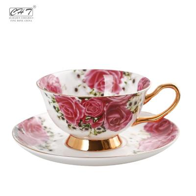 China Germany Sustainable Wedding Modern Custom Printed Floral Bone China Tea Cup and Saucer Set for sale