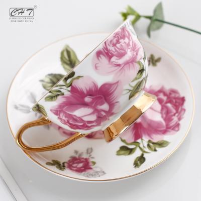 China Sustainable Floral Decal Design Cup Set Small Creative Coffee Reusable Drinking Ceramic Arabic Cup And Saucer Set for sale