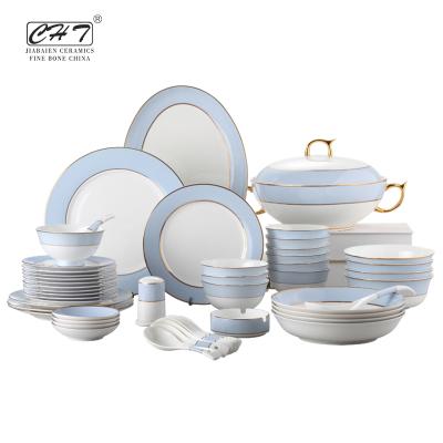 China Wholesale Viable Different Color Sky Blue Complete Western Luxury Dinnerware Sets Fine Bone China Dinner Set For Restaurant Hotel Used for sale