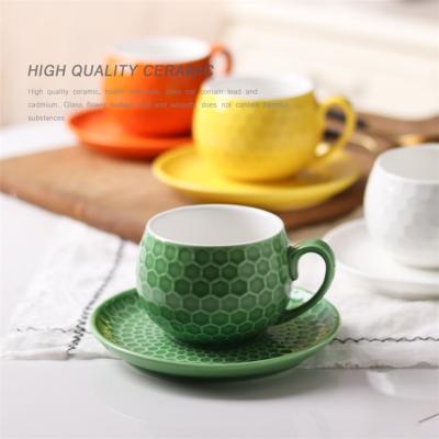 China Custom Design Shape Bone China Embossed Cheap Tea Cup Saucer For Customized for sale