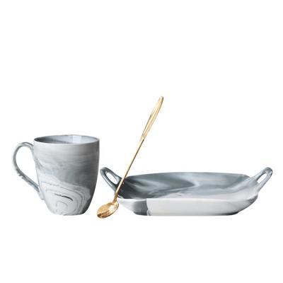 China Sustainable Fashionable Modern Marble Glazed Ceramic Coffee Tea Mug With Plate For Afternoon Tea Time for sale