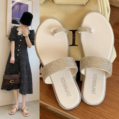 China Fashion trend summer diamond rhinestone slide sandal toe loop outdoor sandals shining fashion flat sandals women for sale