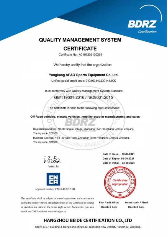 ISO9001 - Yongkang Apaq Sports Equipment Co., Ltd.