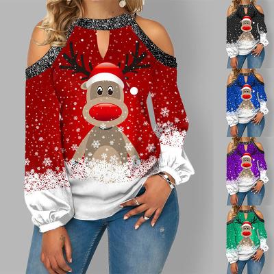 China new 2021 Anti-Wrinkle Women's Christmas Off Shoulder Pullover Full Lady Tee Shirt Santa Claus Tops Printed Long Sleeves Casual for sale