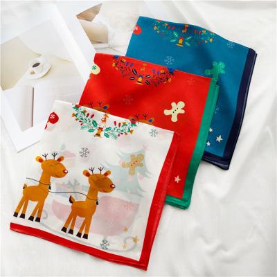 China Squares In Stock 2021 Cute Christmas Kids Mulberry Silk Christmas Scarves 53*53cm 100% Silk Christmas Decoration Square for sale