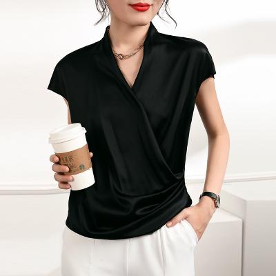 China 2021 Anti-wrinkle ladies blouses 100% silk short sleeve mulberry 19momme silk shirts for sale