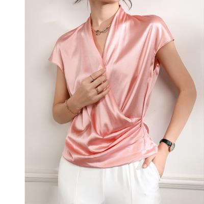 China Anti-wrinkle custom plus size womens tops blouses solid color 100% silk real 19momme shirt for sale