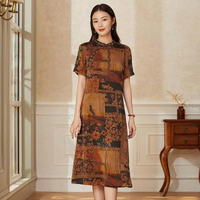 China Factory supply silk cheongsam dress women's retro long silk qipao print qipao dress women cheongsam dress for sale