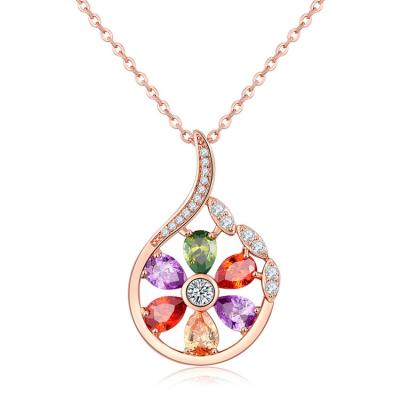 China CLASSIC Colorful Zircon Plated Brass Rose Gold Pendant Necklace Romantic Flower Clavicle Chain for sale