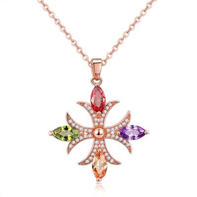 China CLASSIC Women's Colorful Zircon Necklace Pendant Cross Rose Gold Plated Brass Jewelry for sale